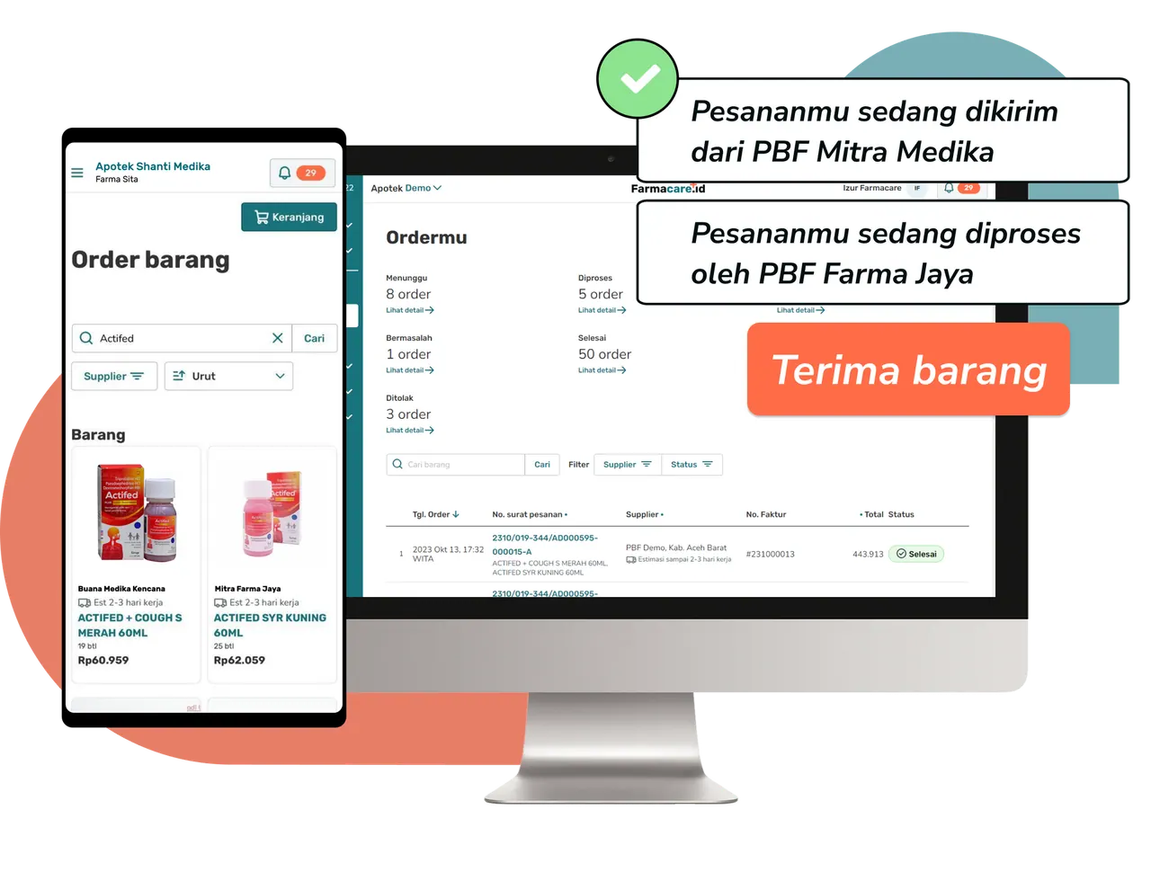 Aplikasi Farmacare di ponsel dan komputer: halaman order barang dari beberapa supplier dan status pesanan yang sedang diproses dan dikirim PBF.